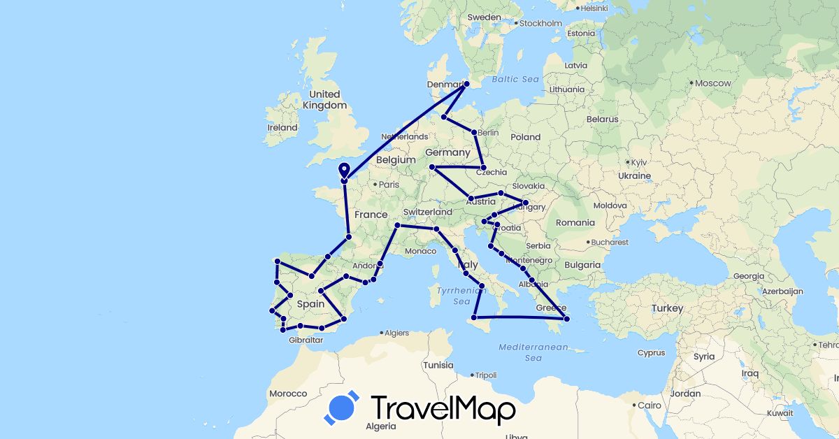 TravelMap itinerary: driving in Albania, Austria, Czech Republic, Germany, Denmark, Spain, France, Greece, Croatia, Hungary, Italy, Montenegro, Portugal, Slovenia (Europe)